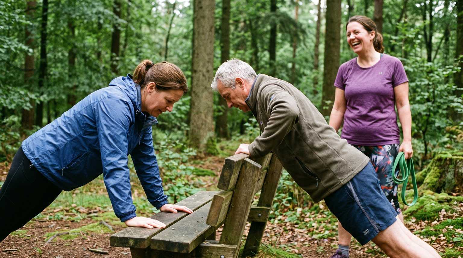 Erősítés az erdei pihenőpadnál: ferde fekvőtámasz és gumikötél 50 felett