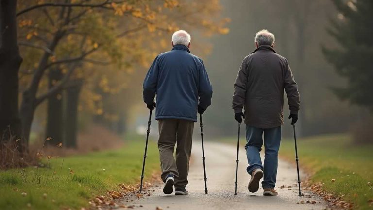 Parkinson és mozgás: botos gyaloglás a parkban, ritmusos lépésekkel